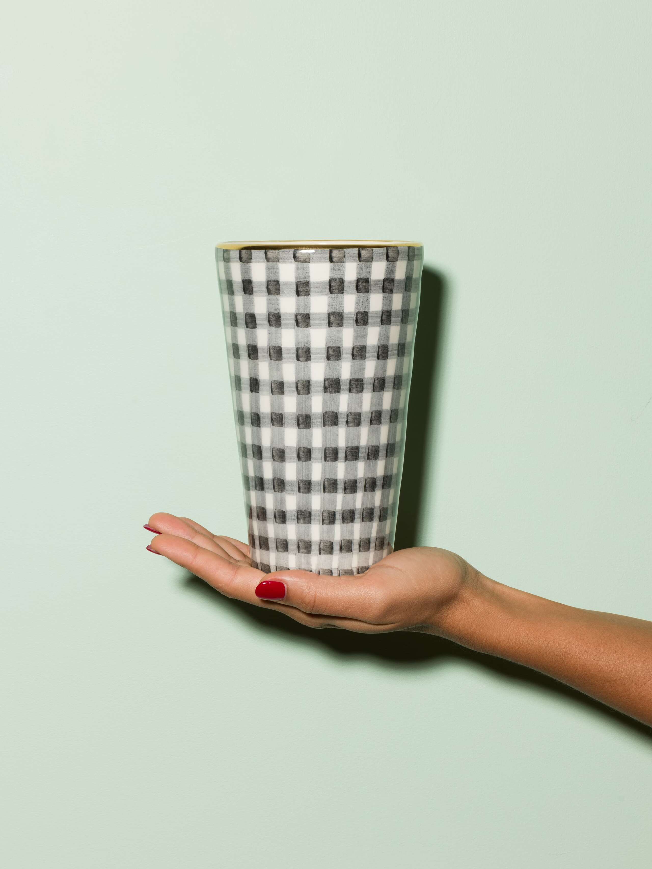 Picture of a small vase featuring a beautiful vichy check pattern in black