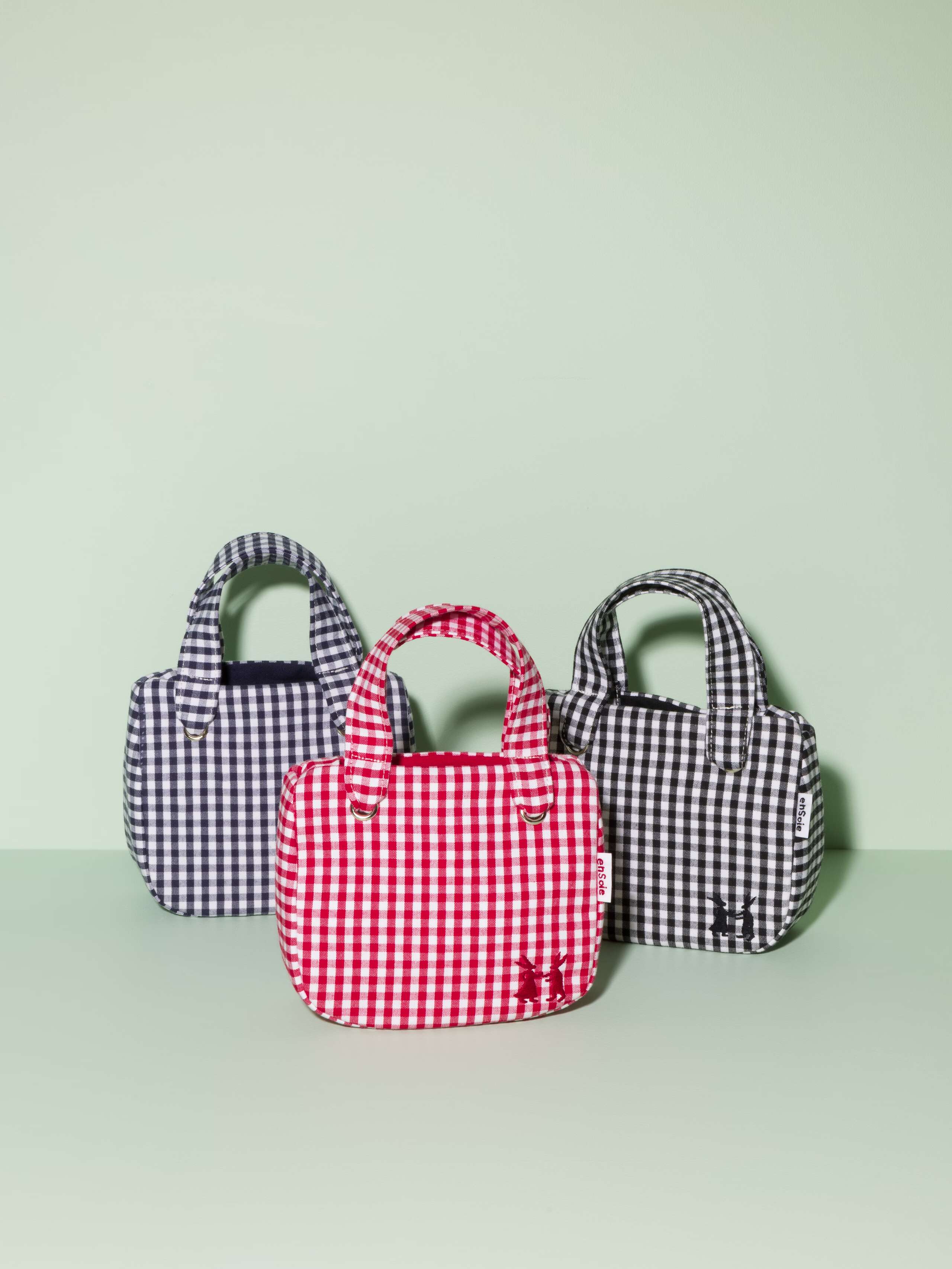 Picture of three cute bags made of cotton featuring a beautiful vichy check pattern