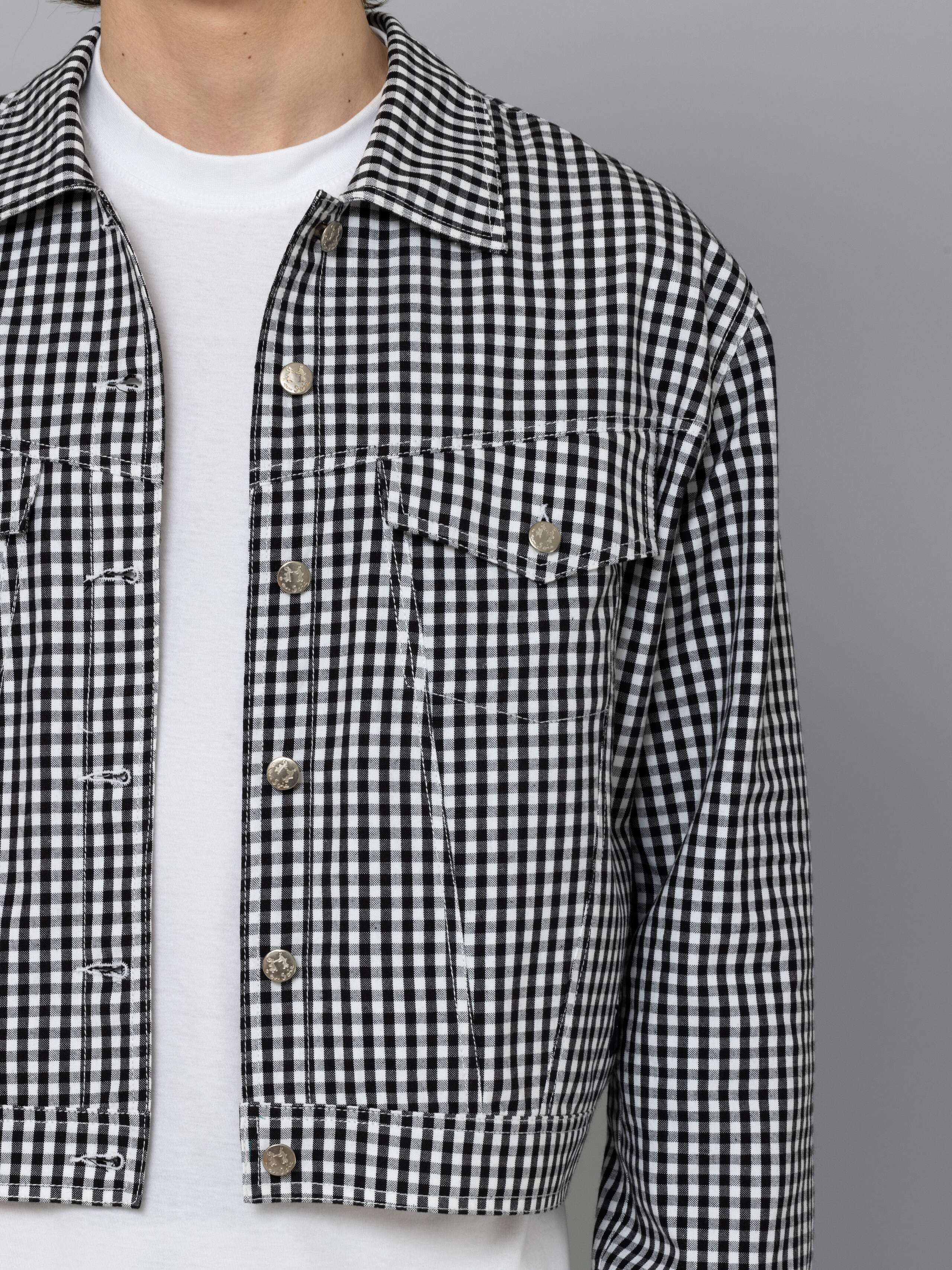 Male model is wearing a beautiful denim jacket featuring a beautiful black vichy check pattern