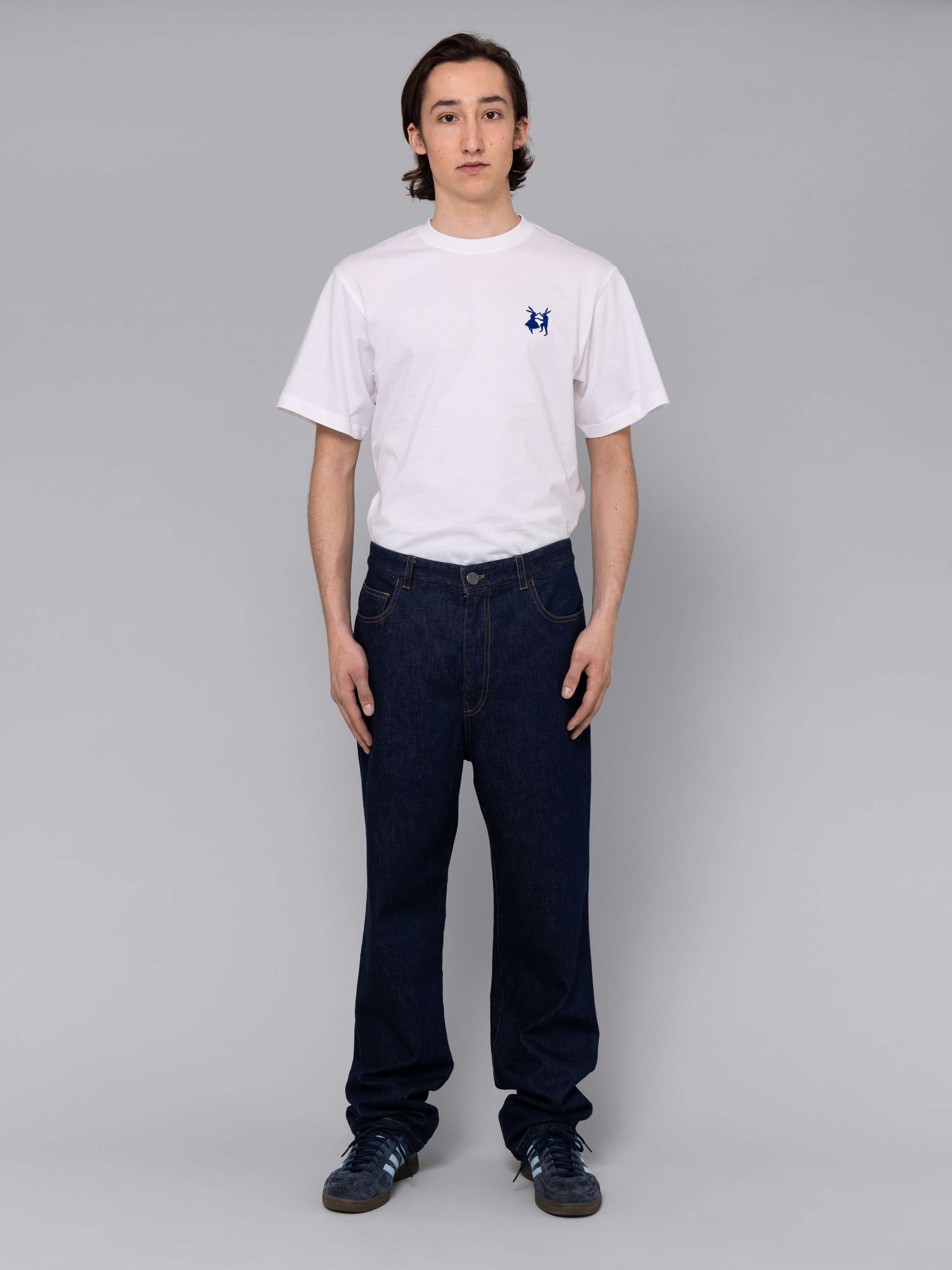 Male model is wearing a combination of a classic jeans and a white t-shirt