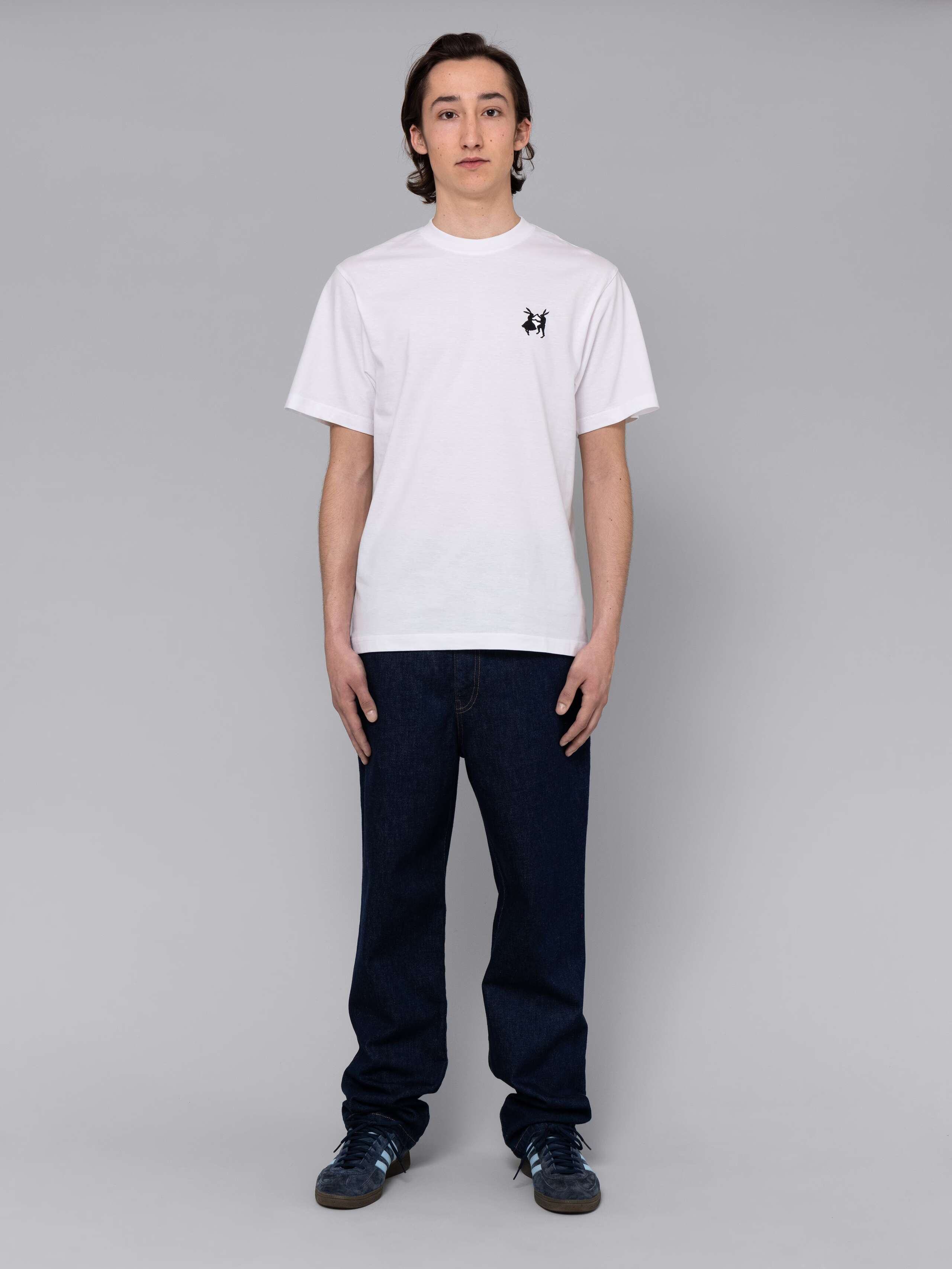 Male model is wearing a combination of a classic jeans and a white t-shirt