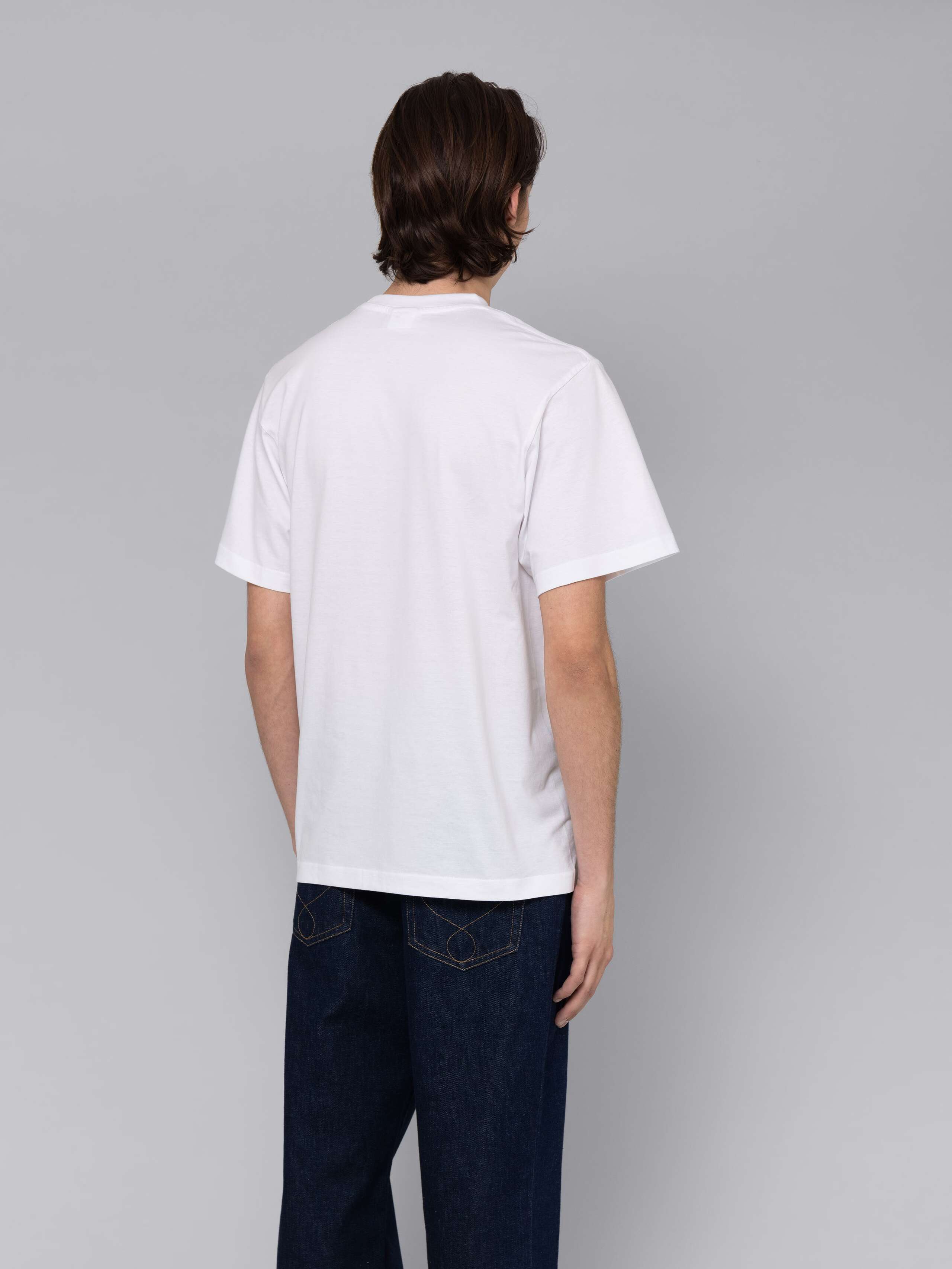 Male model is wearing a combination of a classic jeans and a white t-shirt