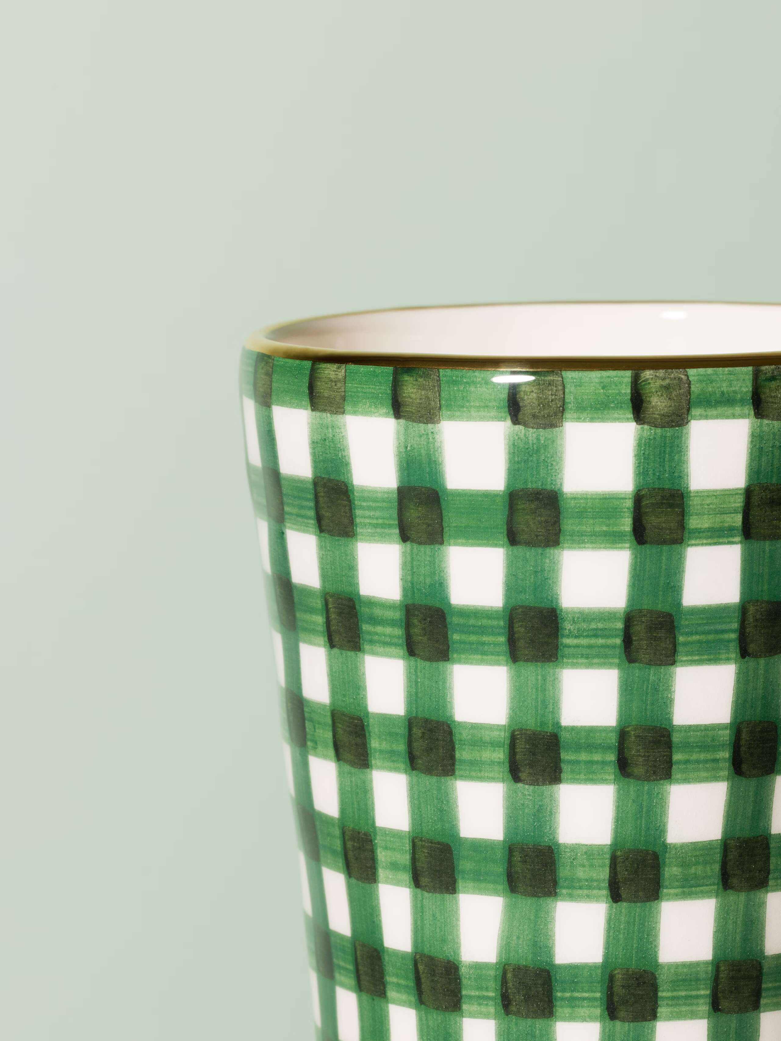 Picture of a small vase featuring a beautiful vichy check pattern in dark green