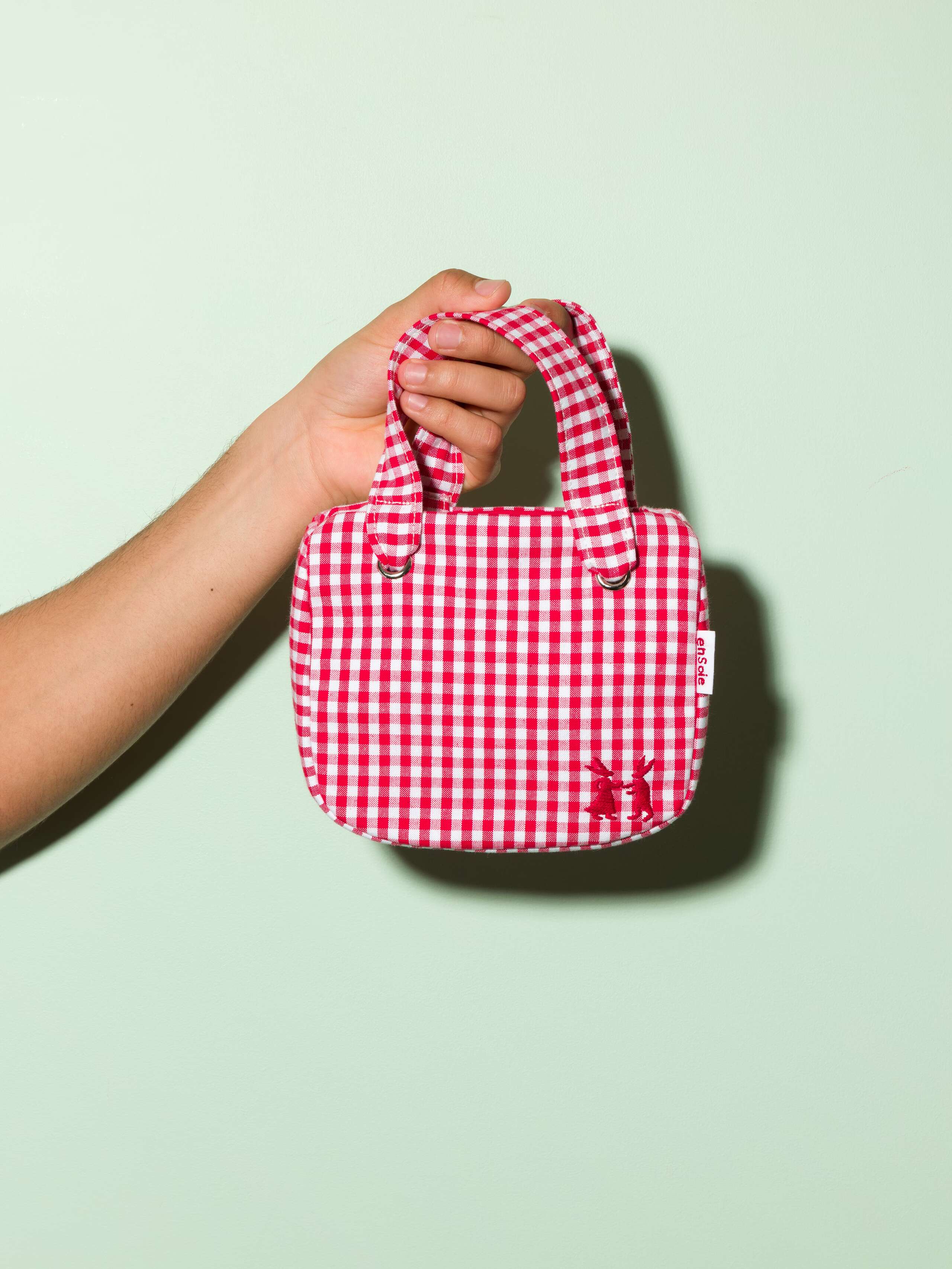 Picture of a hand holding a bag made of cotton fabric featuring a red check pattern 