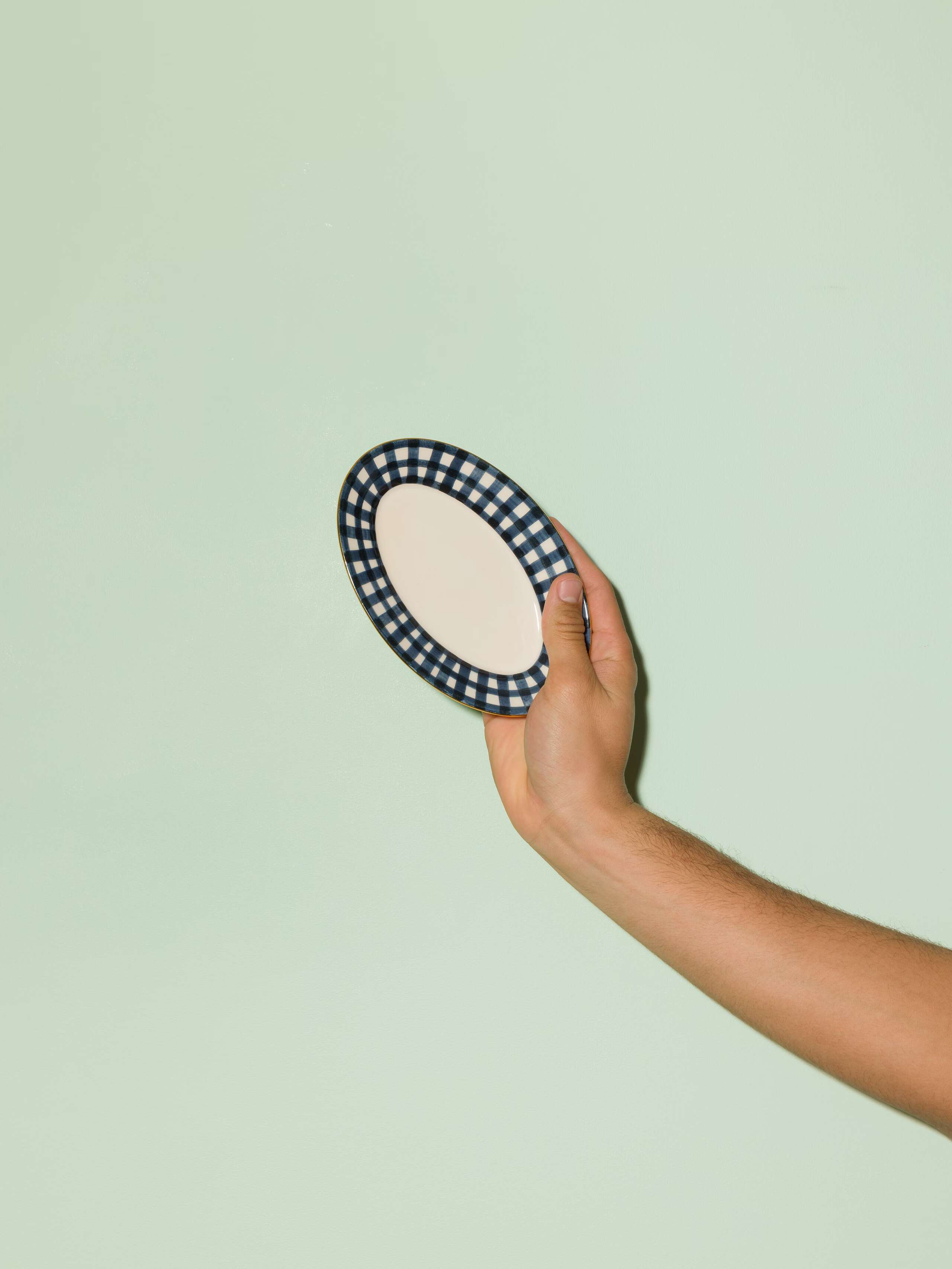 Picture of a beautiful small tapas plate featuring a navy blue vichy check pattern rim 