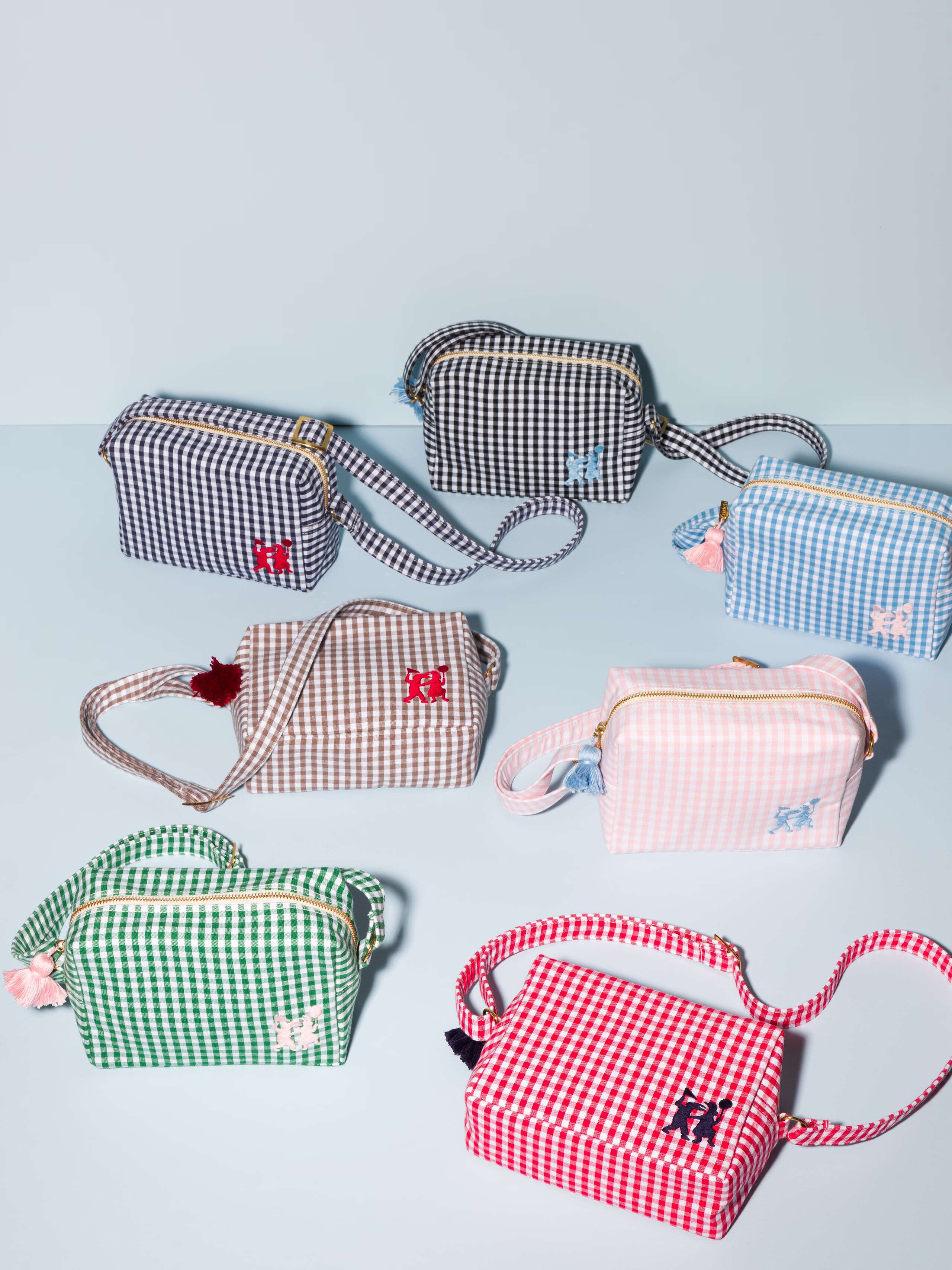 Picture of seven kindergarten bags featuring a beautiful vichy check pattern in red, navy, light blue, green, black, beige and pinkcute rabbit embroidery 