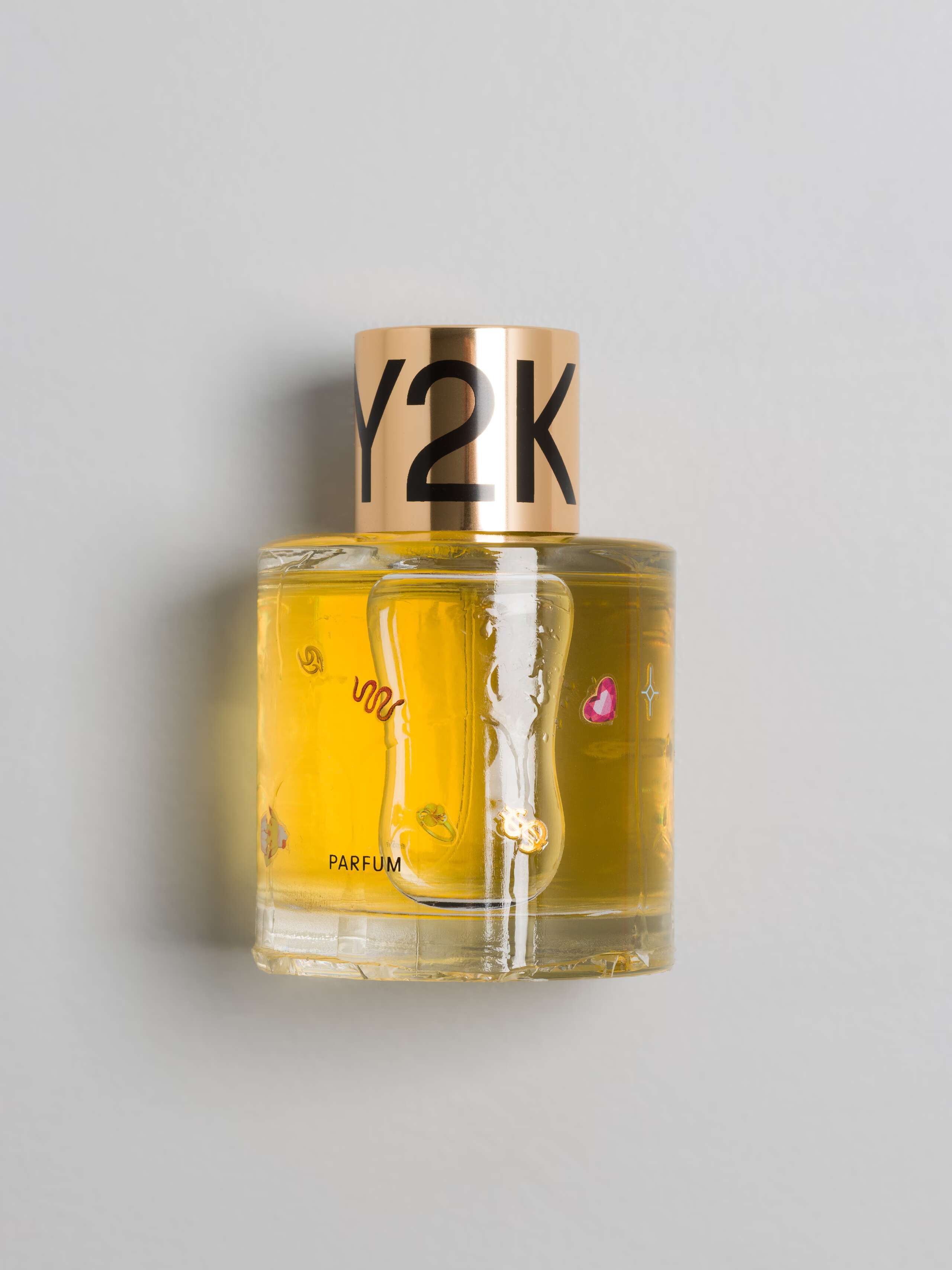 Picture of a artfully designed perfume flacon with the name Y2K. The design is made by French artist Caroline Ventura.
