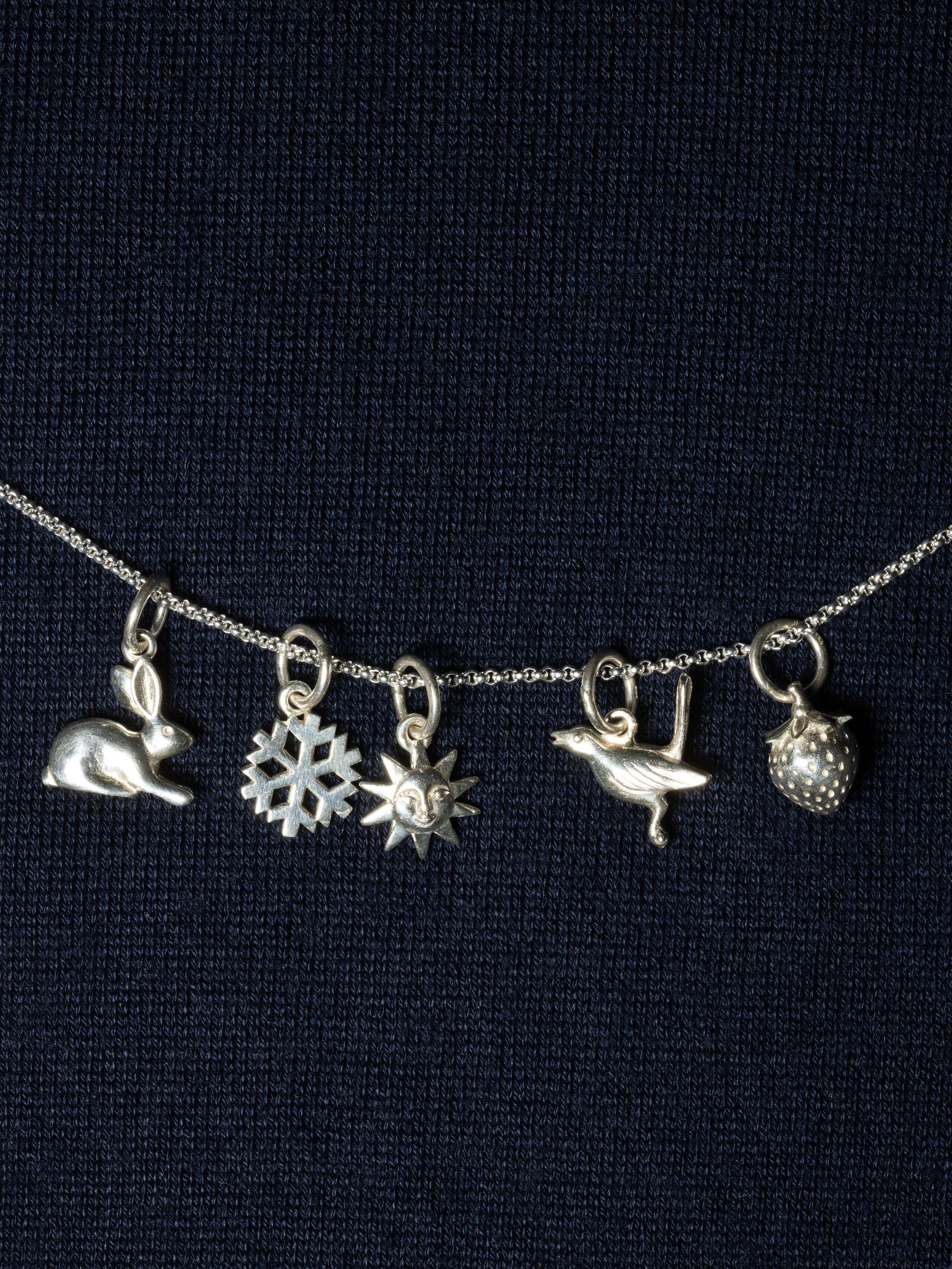 Picture of five beautiful silver pendants (rabbit, snowflake, sun, bird, strawberry)
