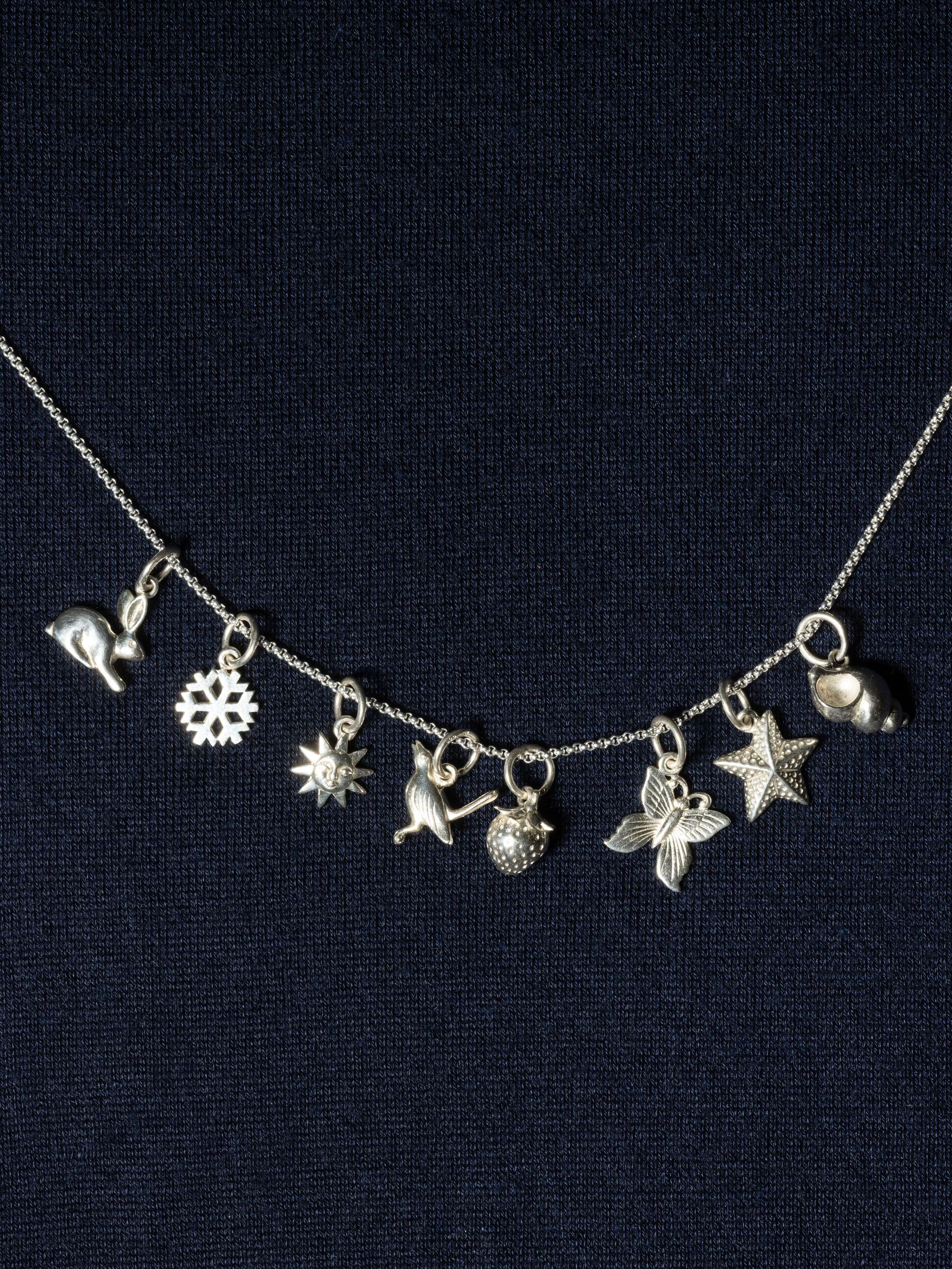 Picture of eight beautiful silver pendants (rabbit, snowflake, sun, bird, strawberry, butterfly, starfish, shell)