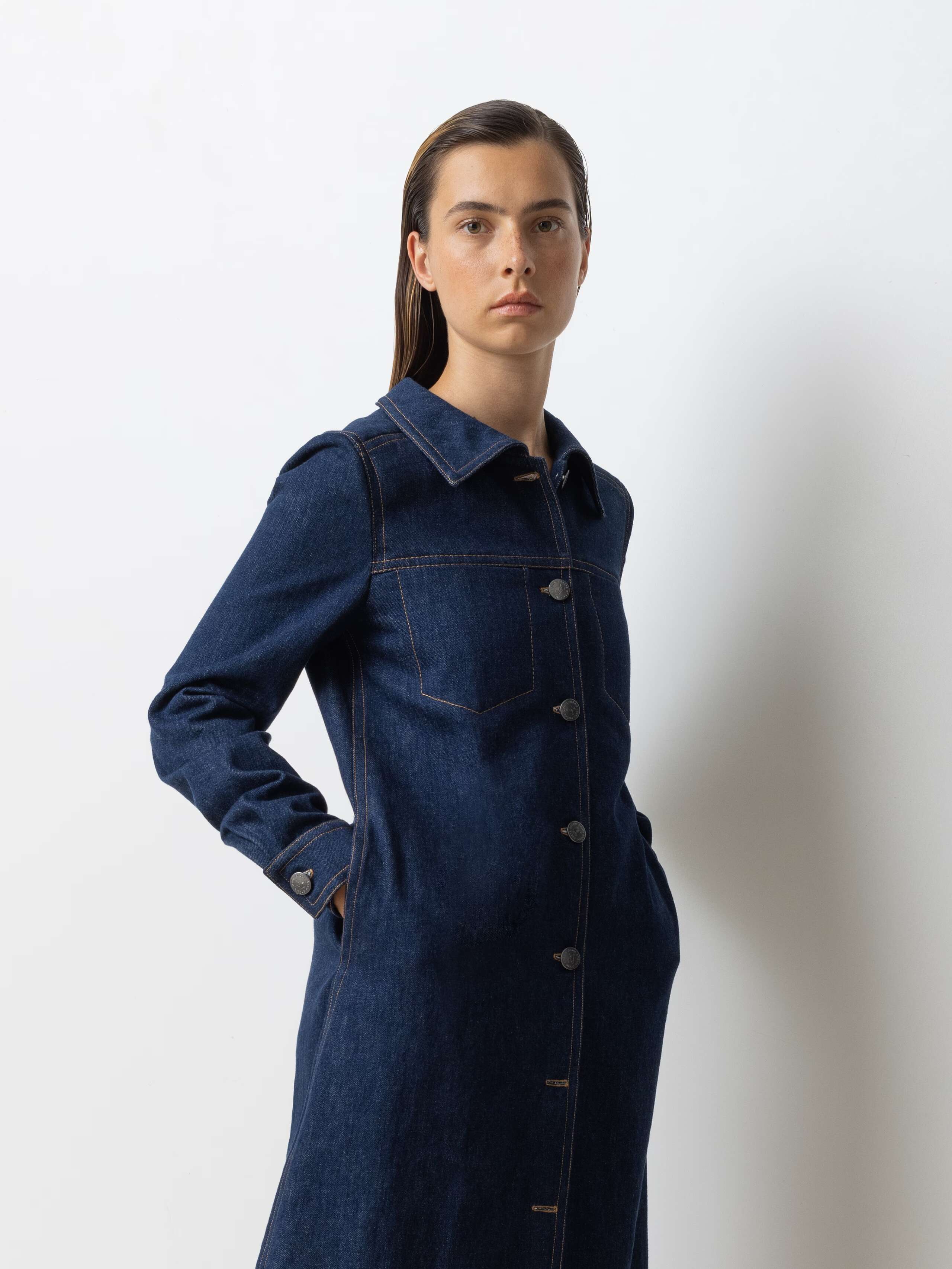 Picture of a female model wearing a long denim dress