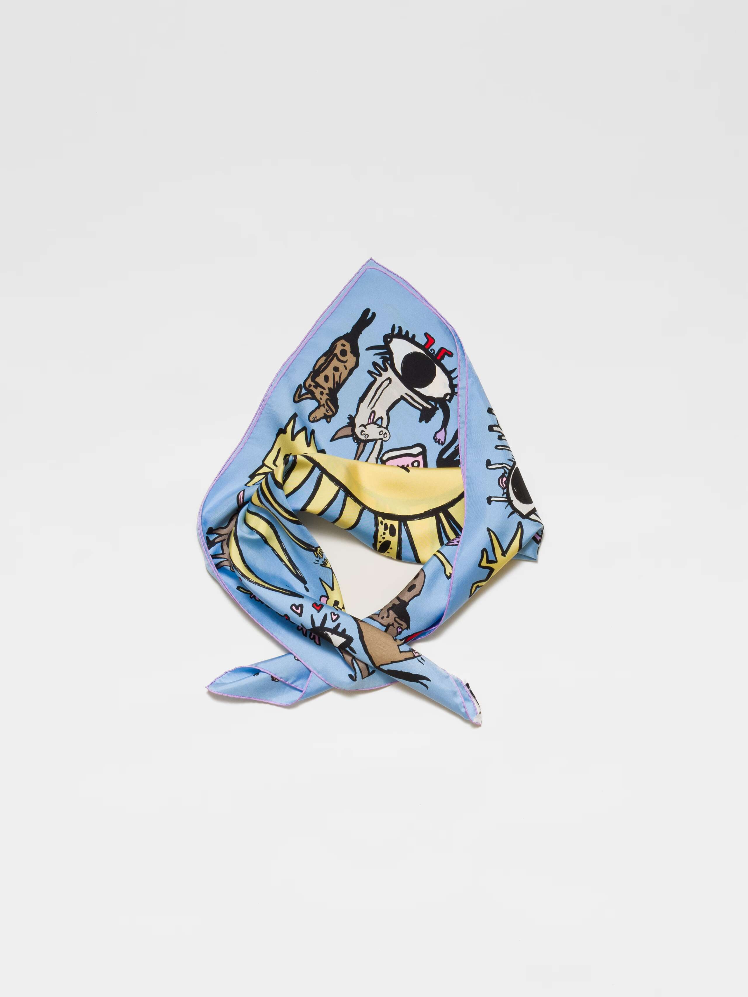 Picture of a blue silk foulard featuring a sun and lots of funny, colourful creatures 