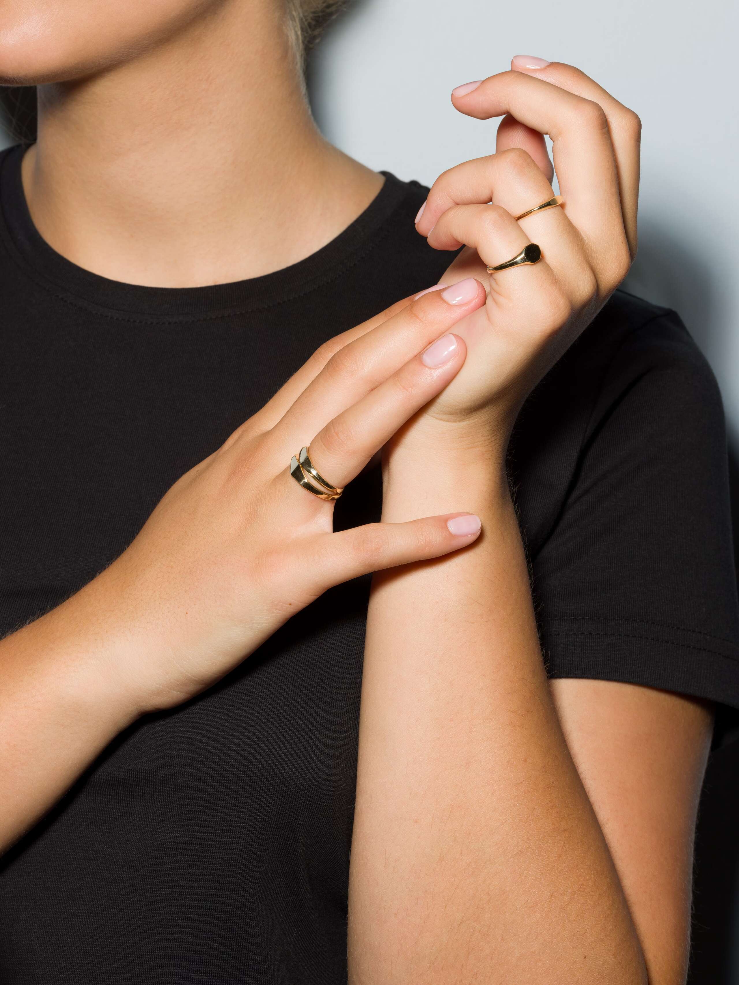 Group of Small 9 karat gold and silver signet ring called Ida on a set of hands