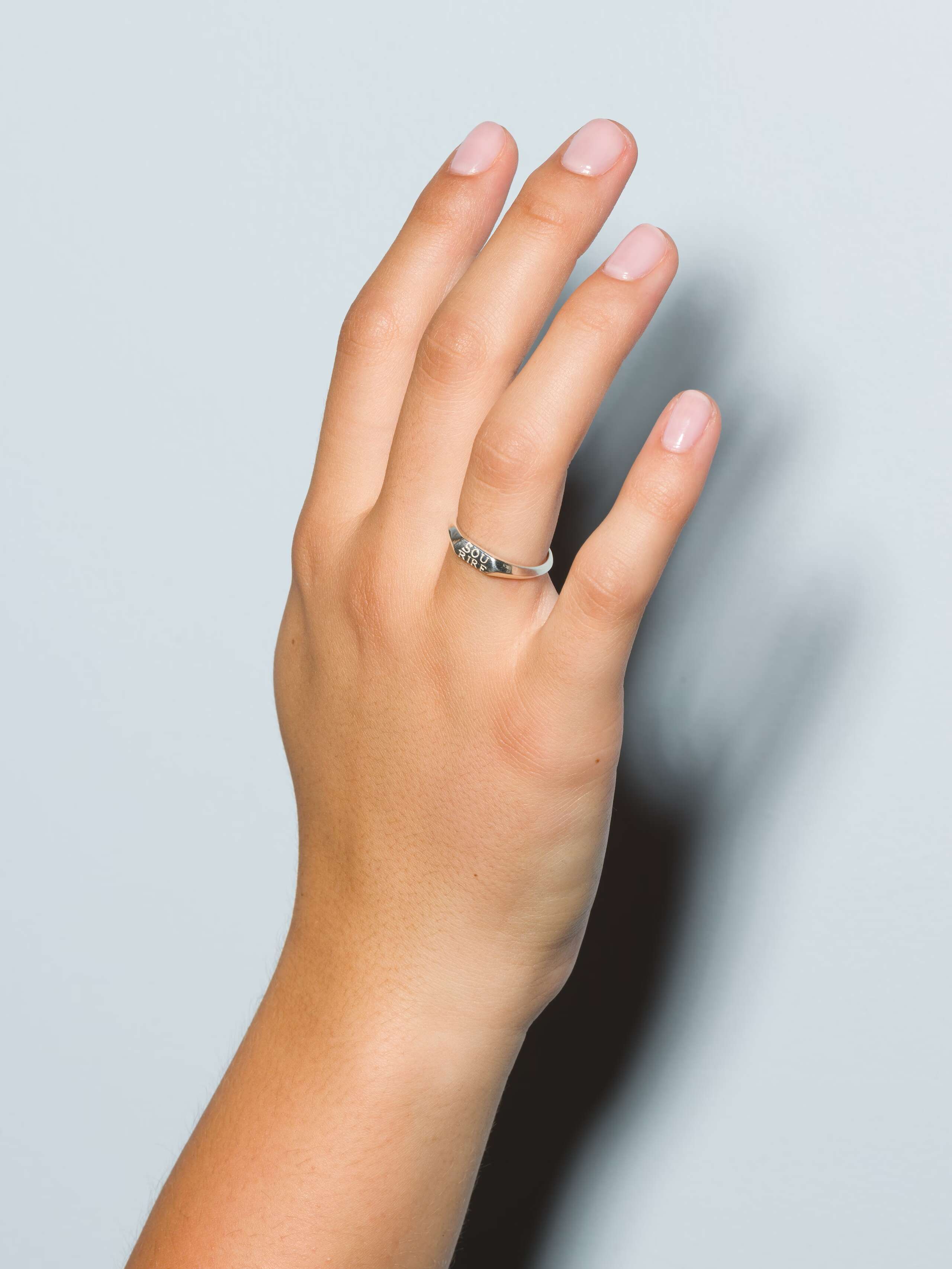 Small sterling silver signet ring called Ida on a set of hands