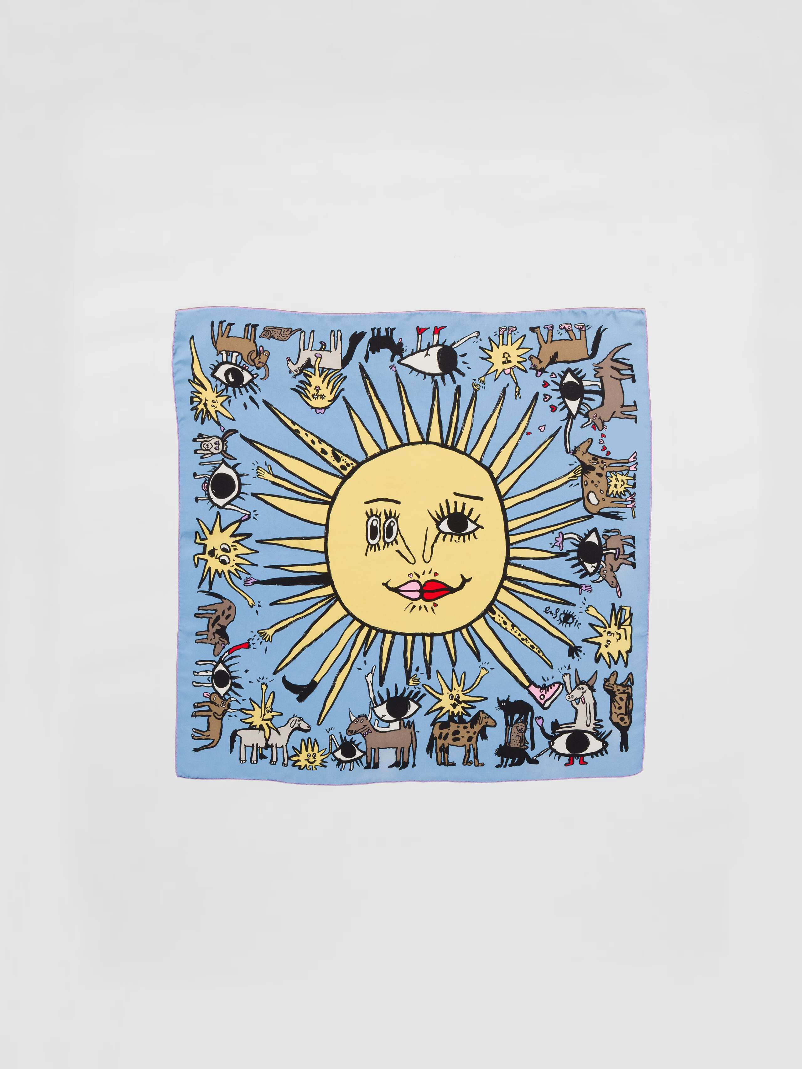 Picture of a blue silk foulard featuring a sun and lots of funny, colourful creatures 