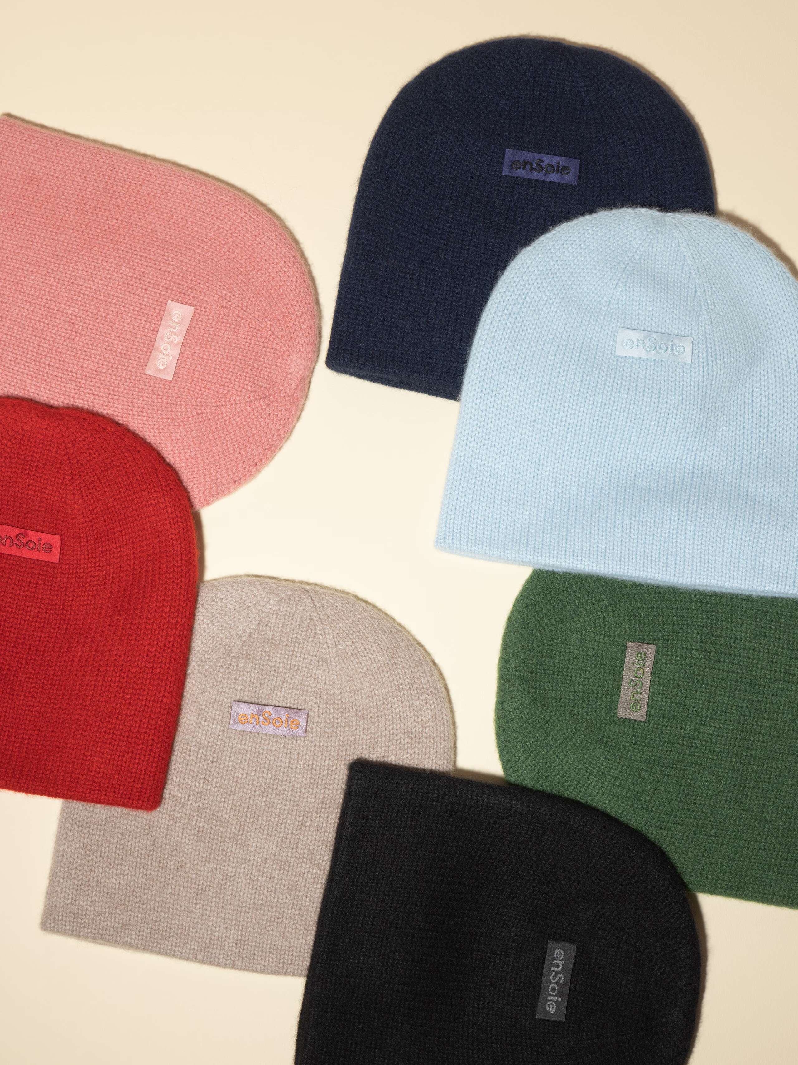 Picture of seven colourful cashmere beanies