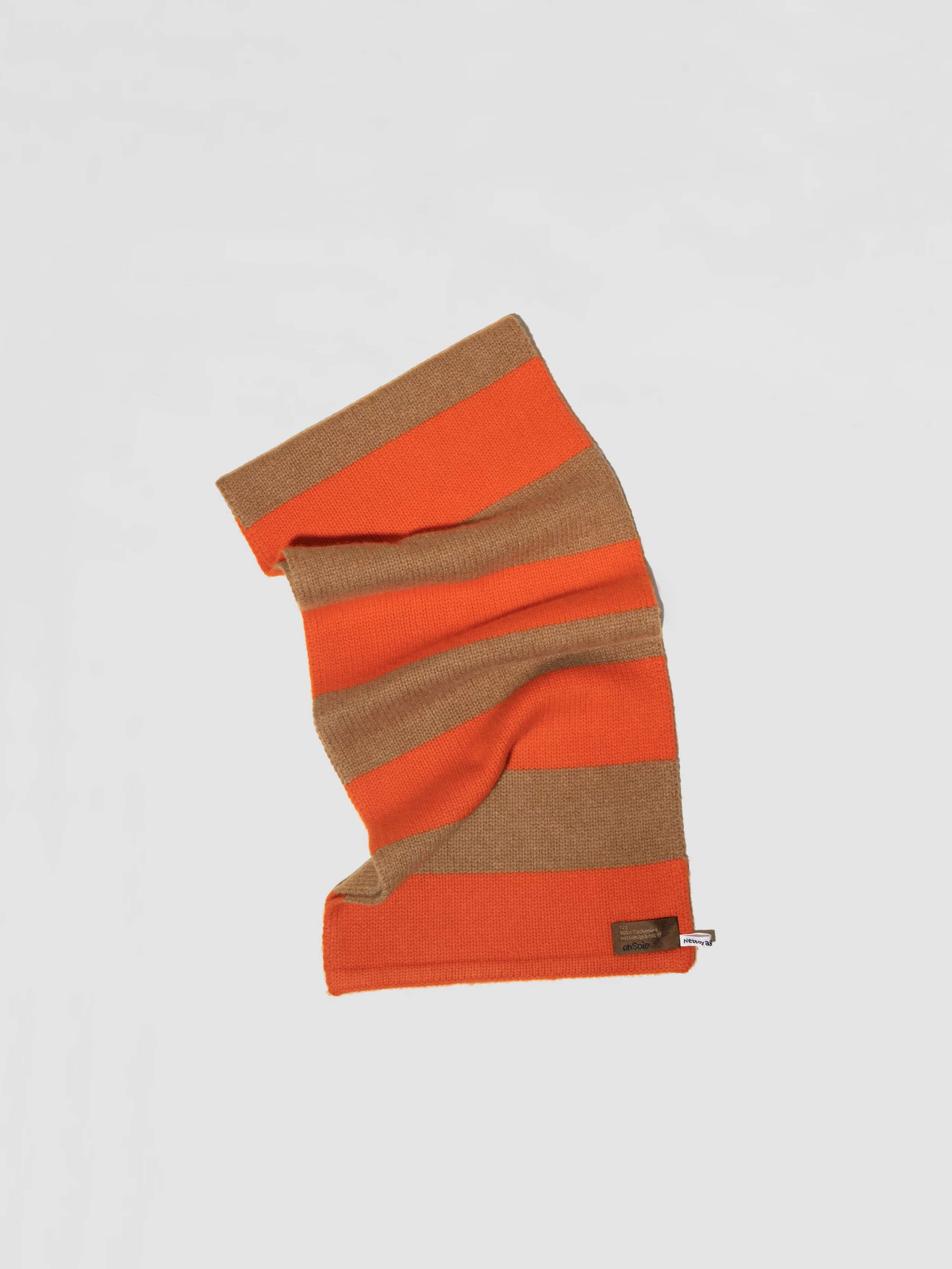 Picture of a brown and orange striped cashmere scarf