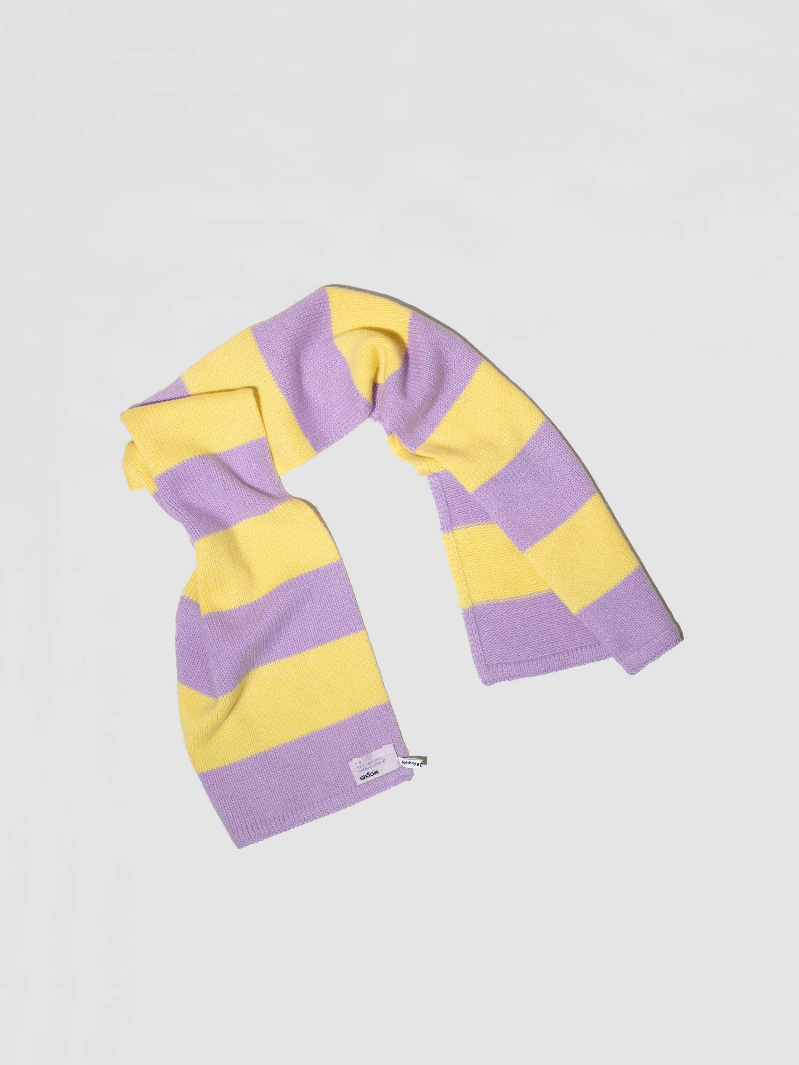 Picture of a yellow and purple striped cashmere scarf
