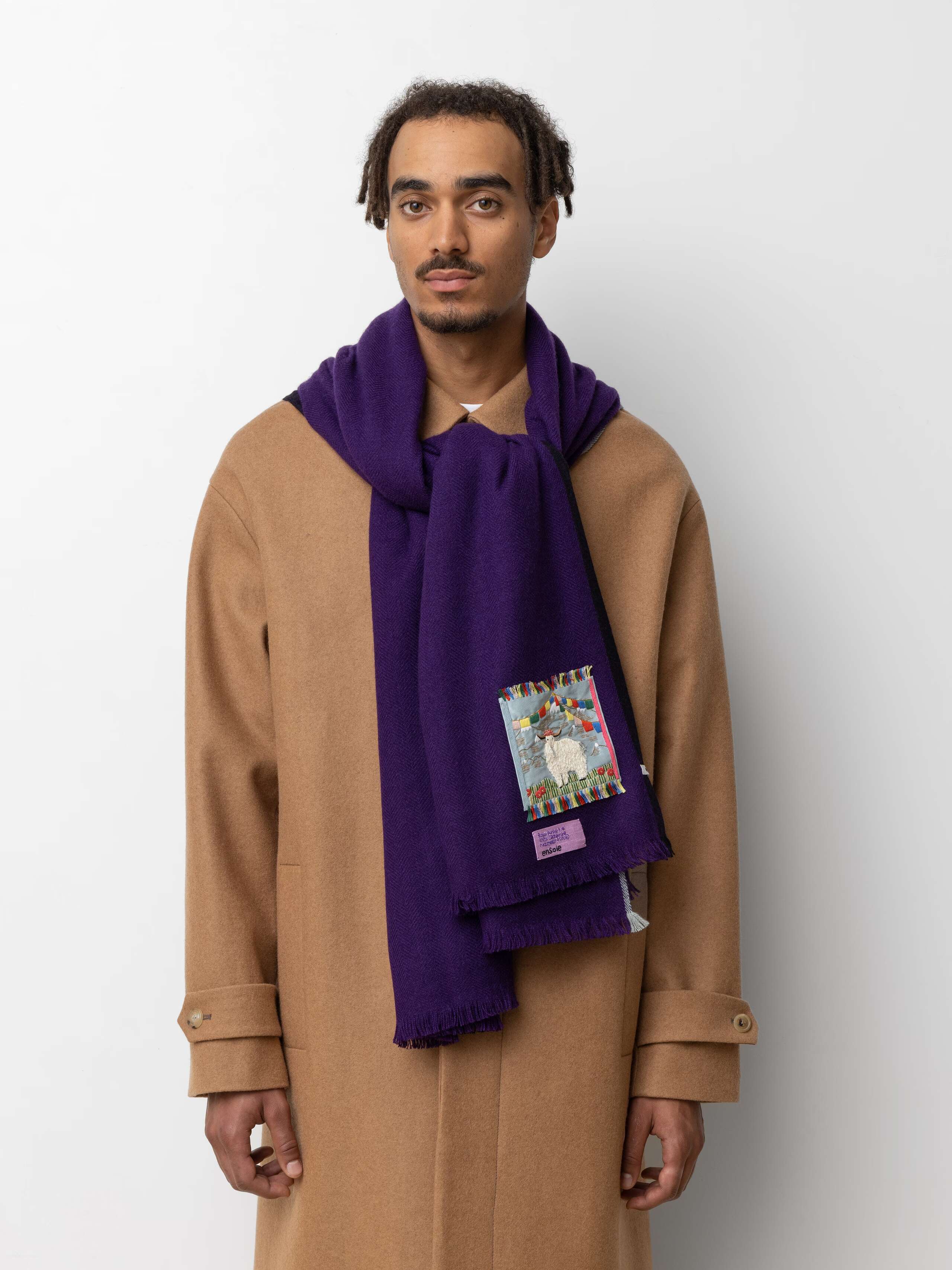 Picture of a male model wearing a beige wool coat and a purple cashmere scarf