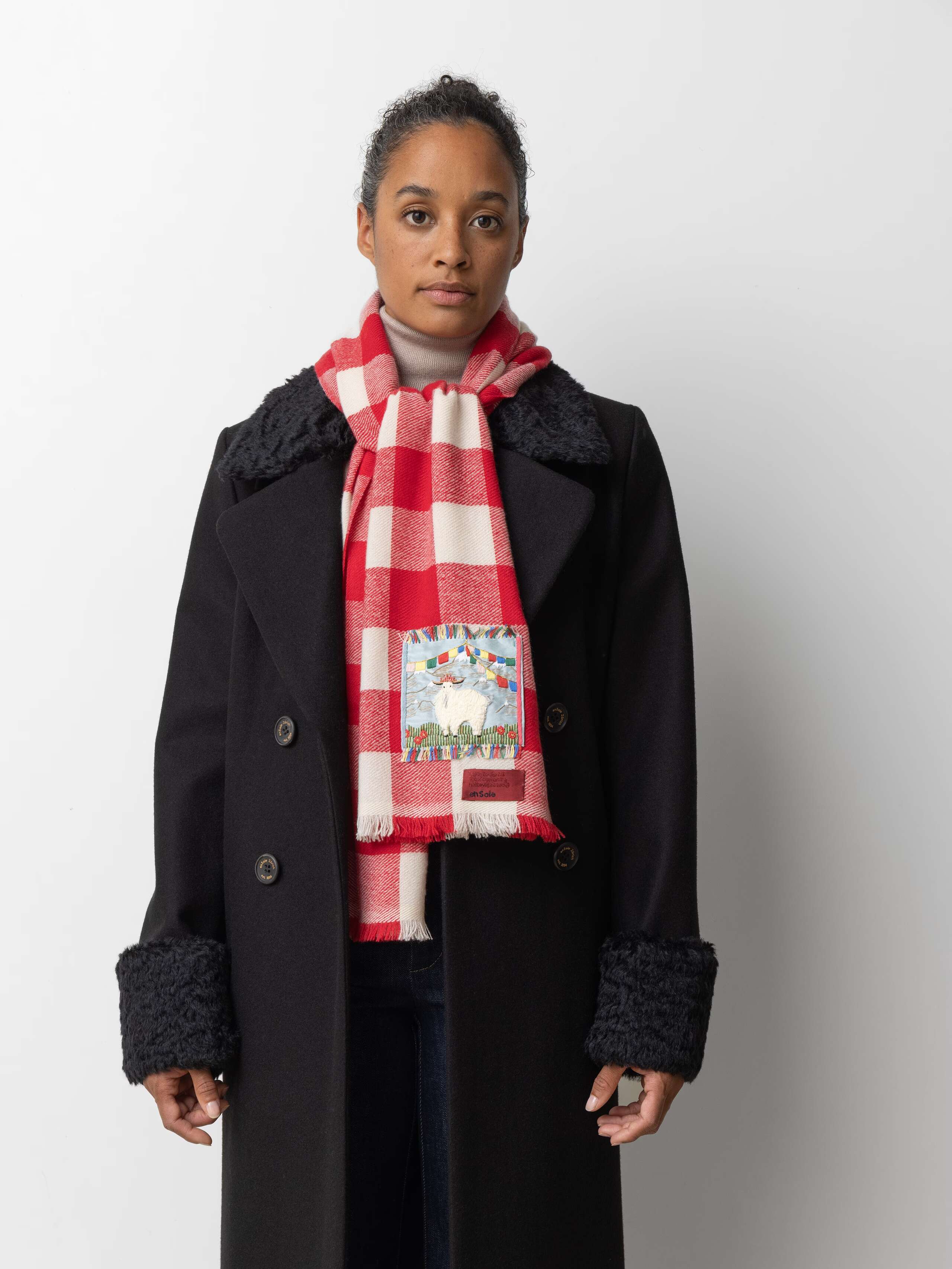 Picture of a male model wearing a black winter coat and a cashmere scarf featuring a red and white check pattern