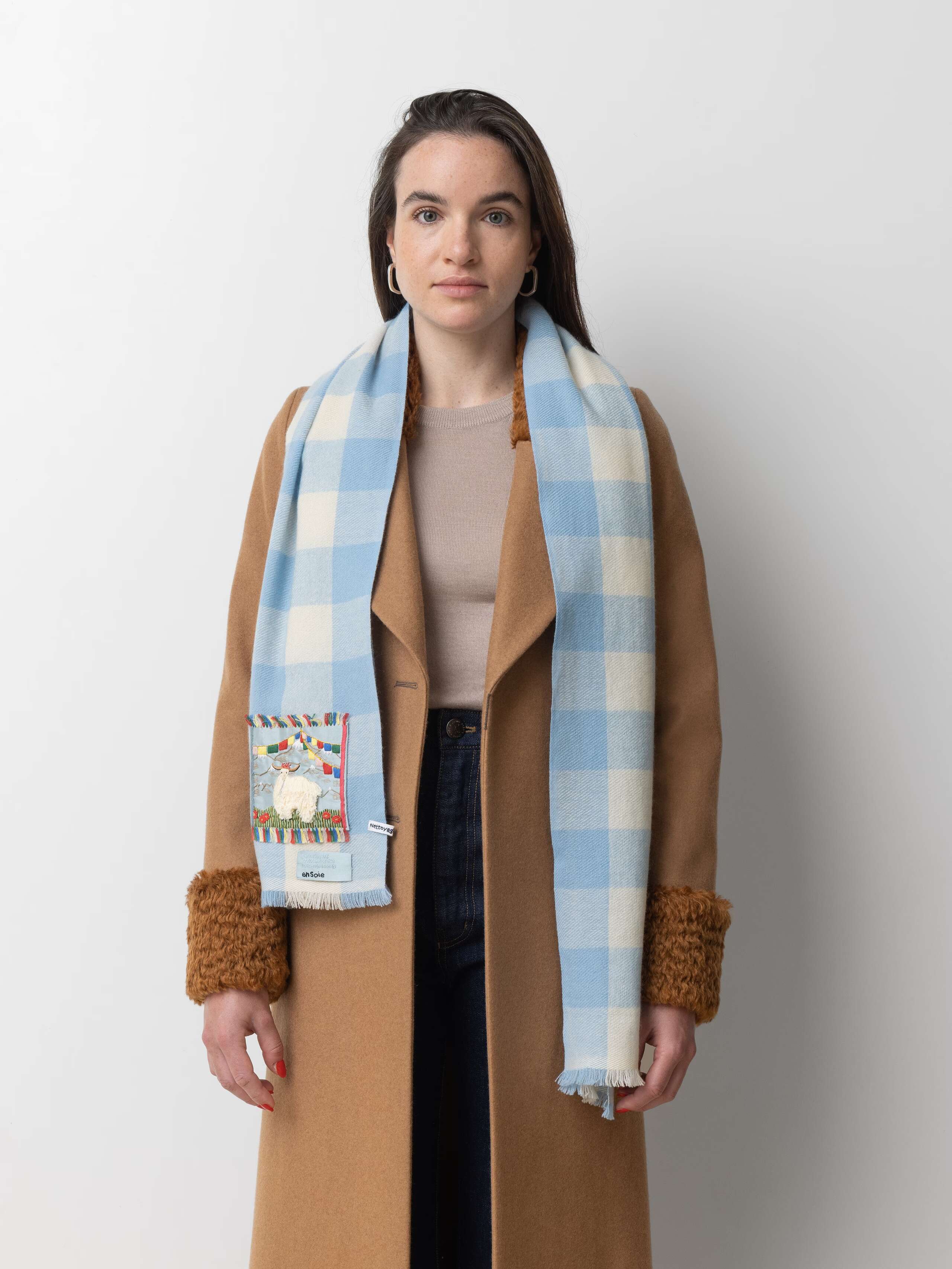 Picture of a male model wearing a black winter coat and a cashmere scarf featuring a light blue and white check pattern