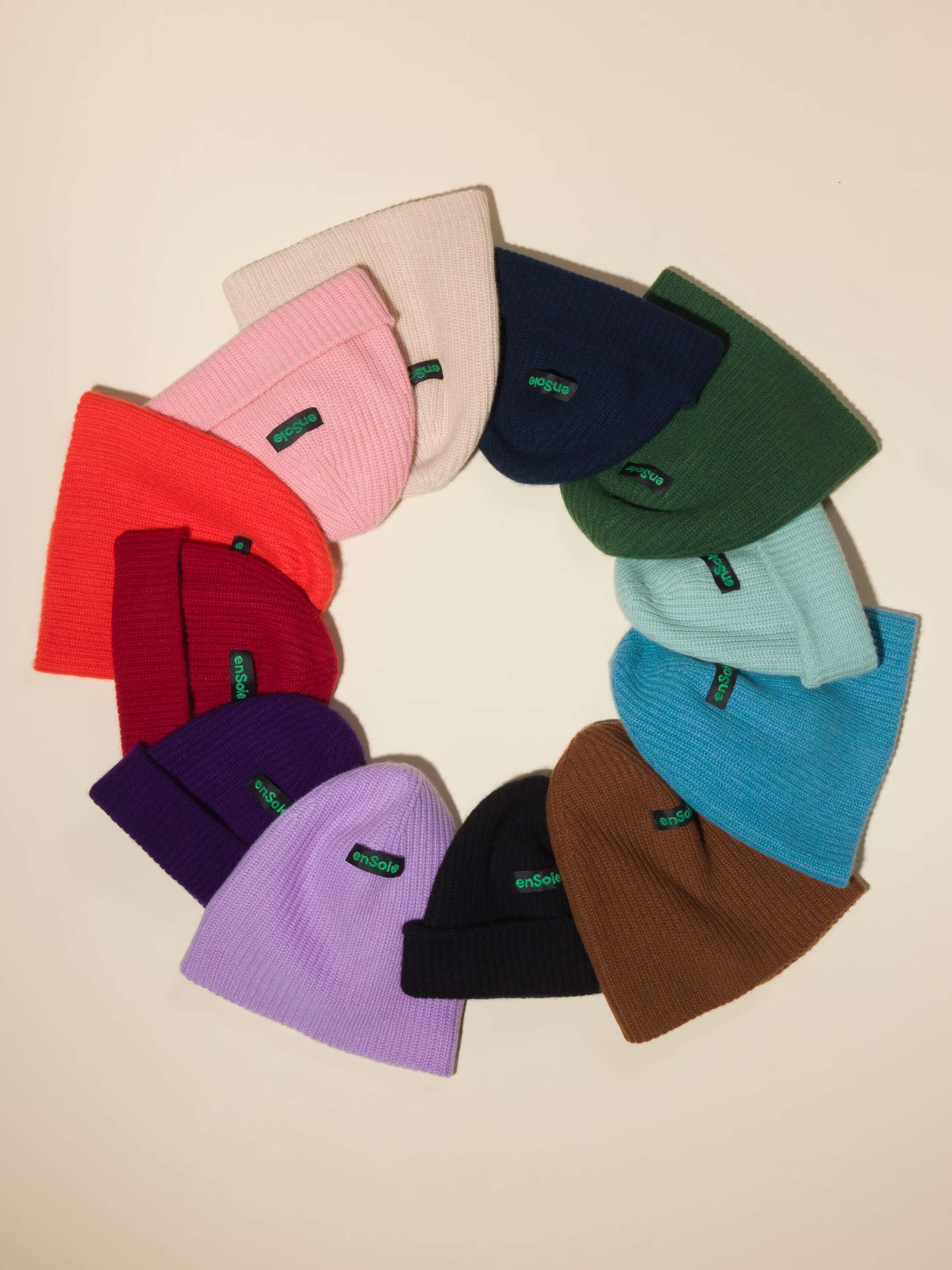 Picture of twelve colourful cashmere beanies