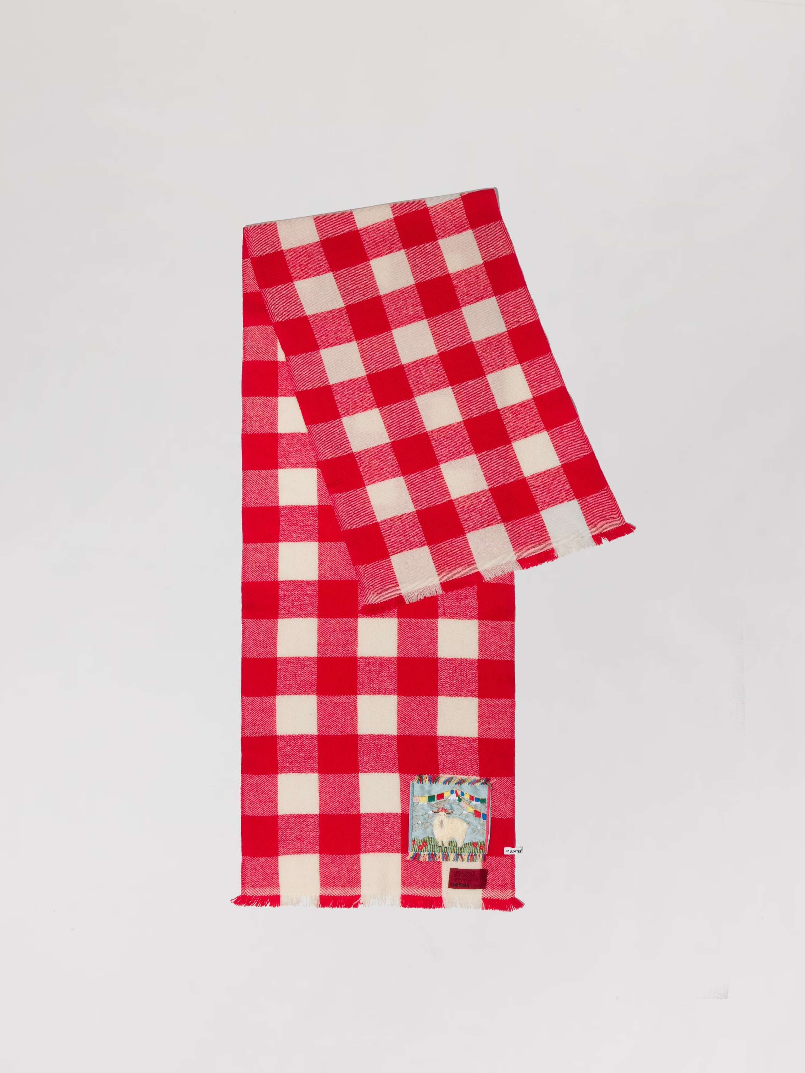 Picture of a detail of a cashmere scarf featuring a red and white check pattern