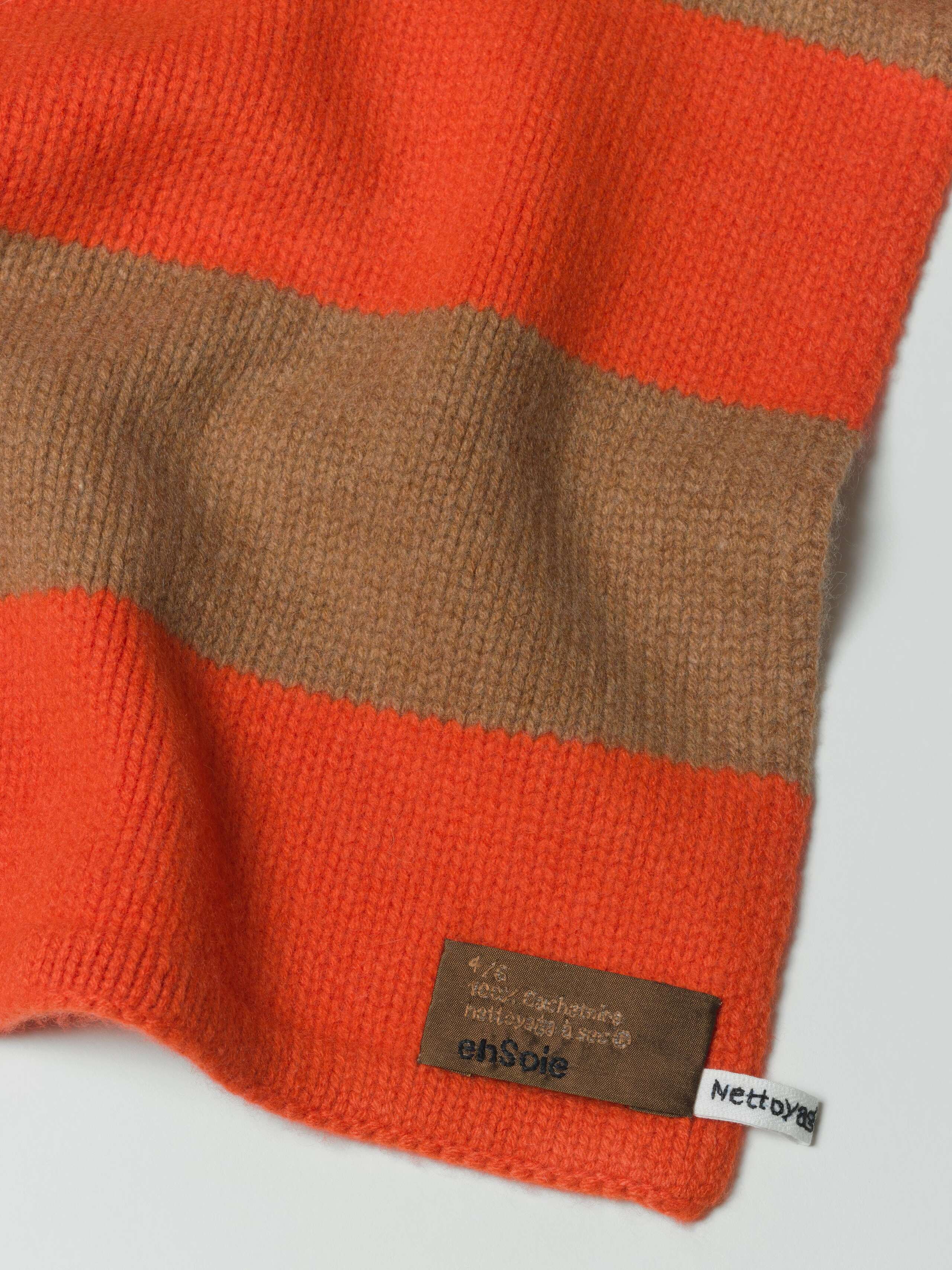 Picture of a brown and orange striped cashmere scarf