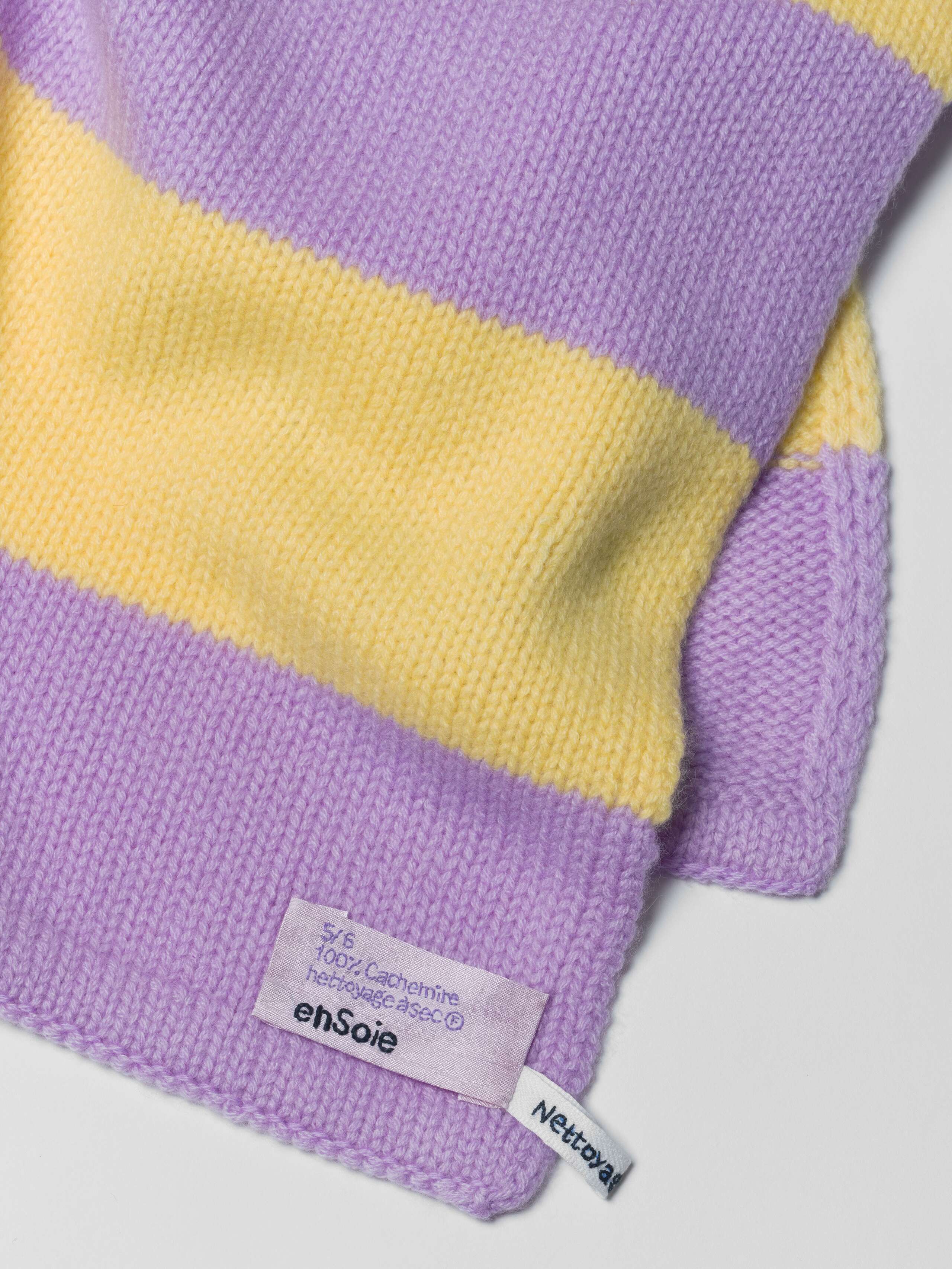 Picture of a yellow and purple striped cashmere scarf