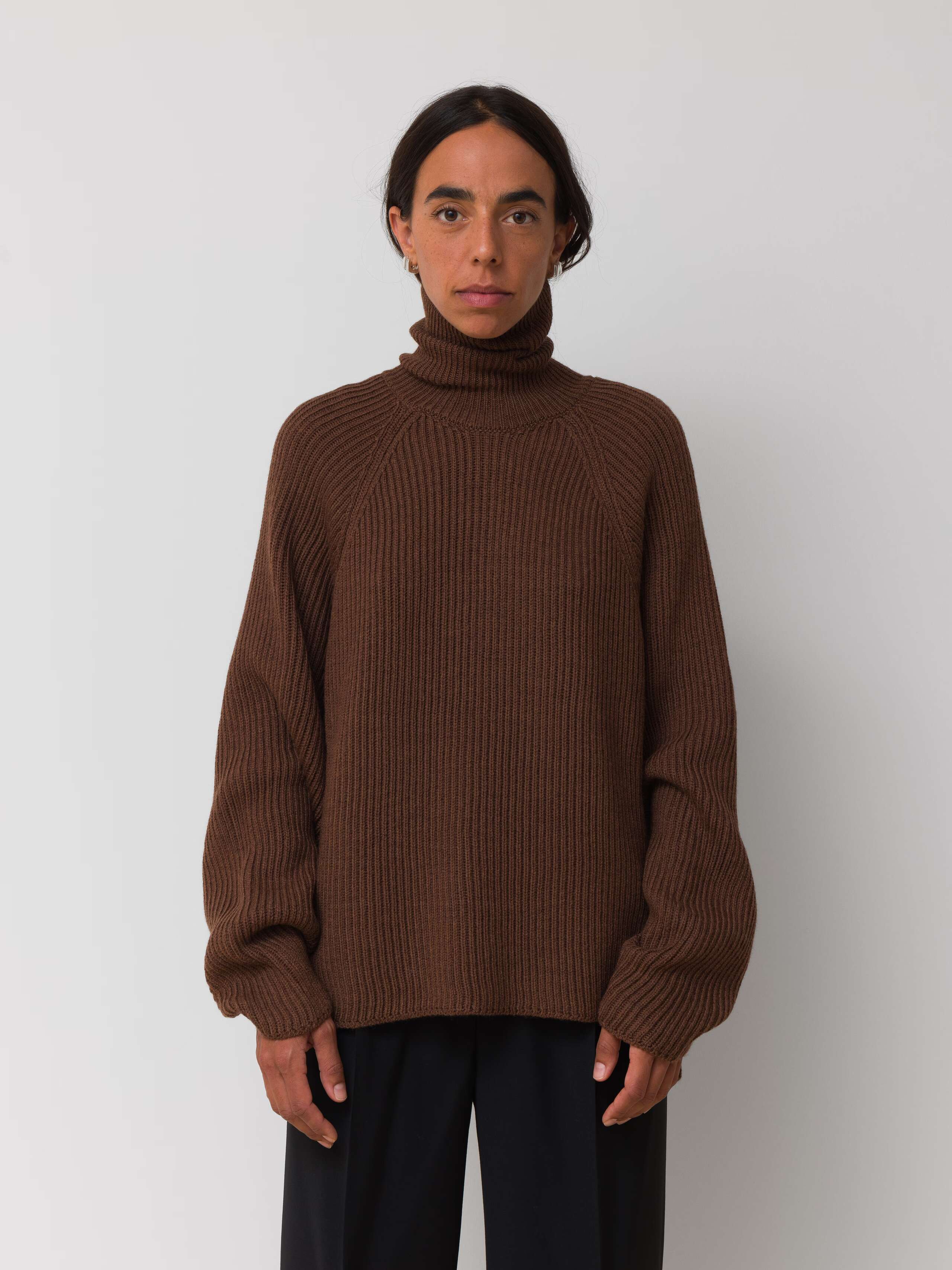Picture of a female model wearing a brown turtleneck pullover