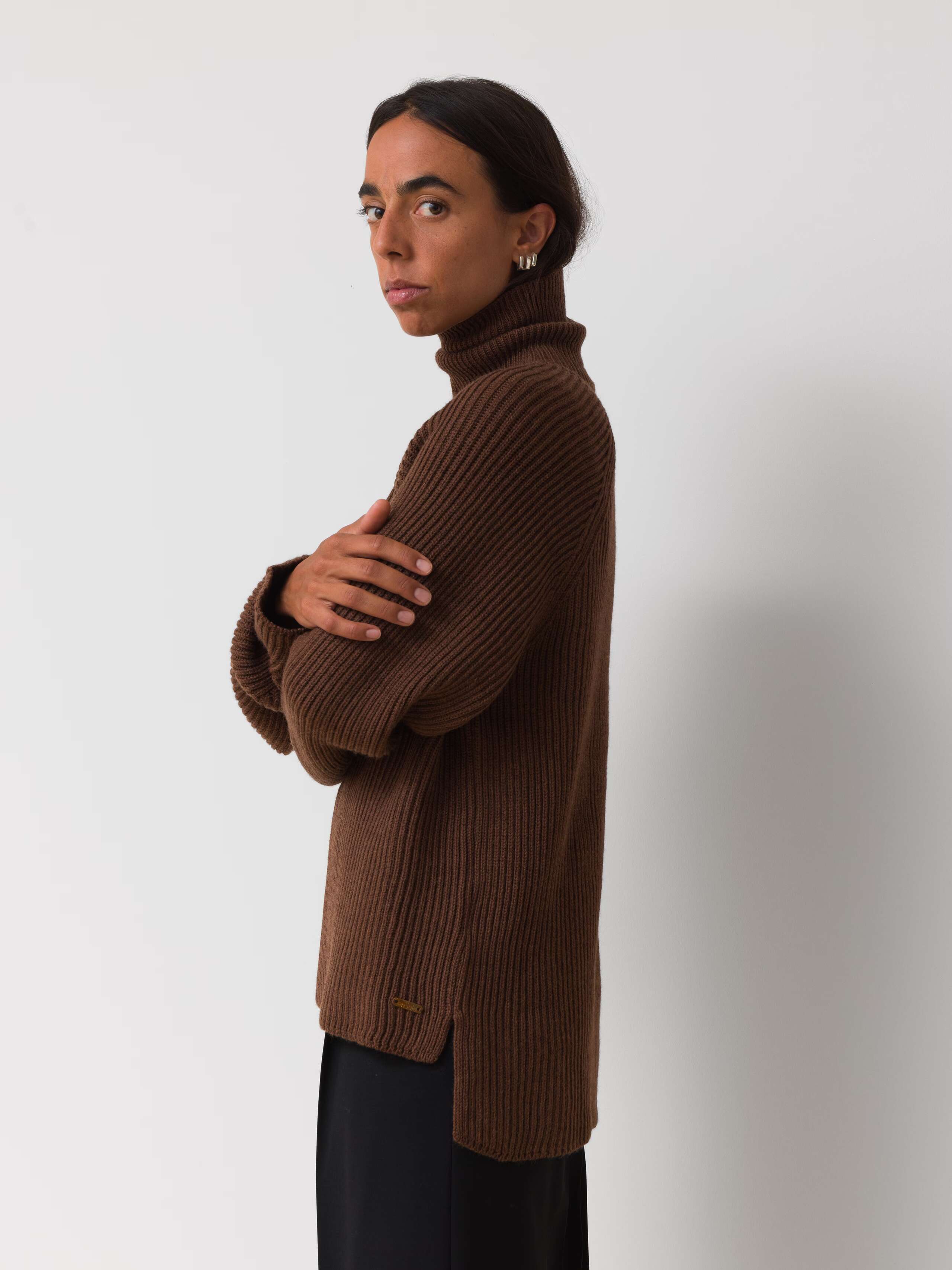 Picture of a female model wearing a brown turtleneck pullover